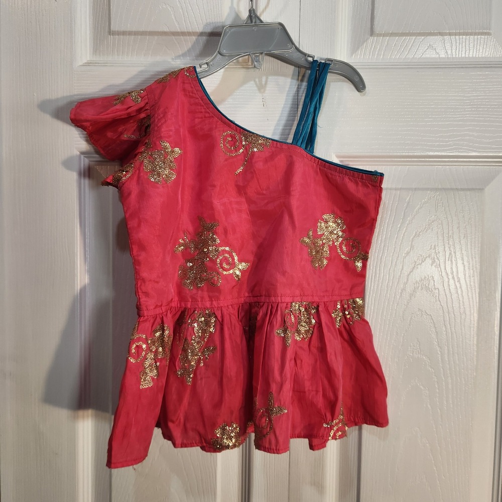Pink Gold Sequin Ethnic Floral One Shoulder Peplum Top Kids Festive Party Wear